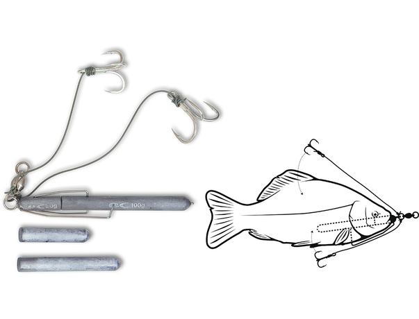 Le Dead Bait Rig est parfaitement adapté à l’utilisation de poissons morts pour la pêche en bateau. Le poisson mort est fixé sur la ligne. Une fois au fond, avec les vagues et la dérive, celui-ci bouge en rebondissant lentement sur le fond au 